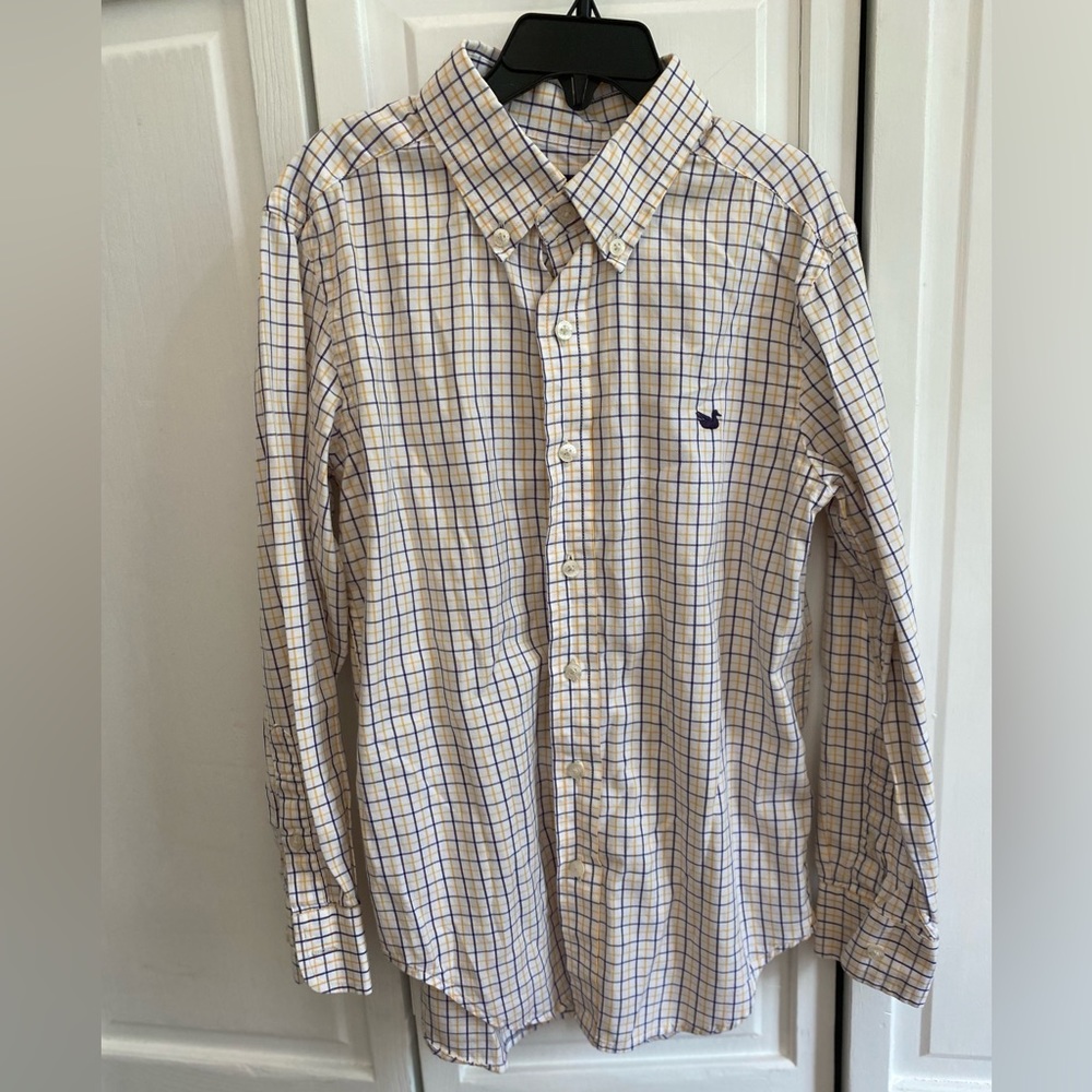 Long sleeve, button down, Navy and yellow plaid